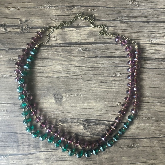 Purple and Green Faceted Czech Glass Beaded Layered Necklace Brass Accents - Picture 2 of 12
